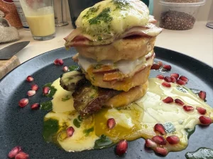 Lentil Burrata Benedict with Teriyaki Bacon